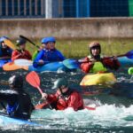 Collection of club members at the start of Cardiff white water course